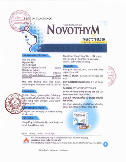 Novothym siro thảo dược châu âu chống viêm đường hô hấp Bộ Y tế xác nhận