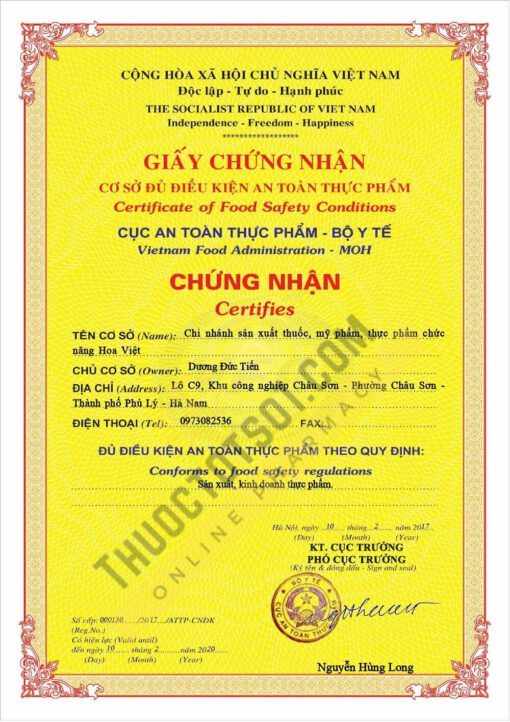 Dược phẩm Hoa Việt chứng nhận đủ điều kiện an toàn thực phẩm thuoctotso1.com