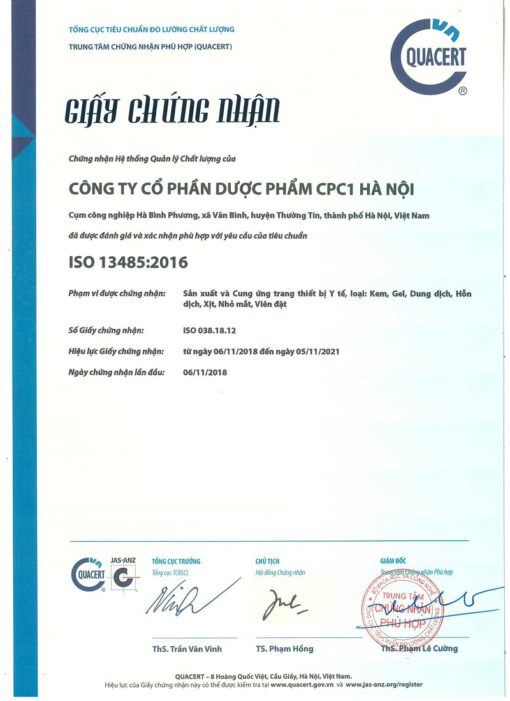 giấy chứng nhận công ty dược phẩm CPC1HN đạt chuẩn ISO hệ thống quản lý chất lượng thuoctotso1