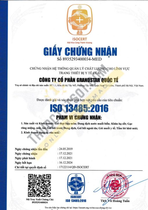 GrandStar Altaco giấy chứng nhận đạt chuẩn Iso 12485:2016 ThuocTotSo1.com